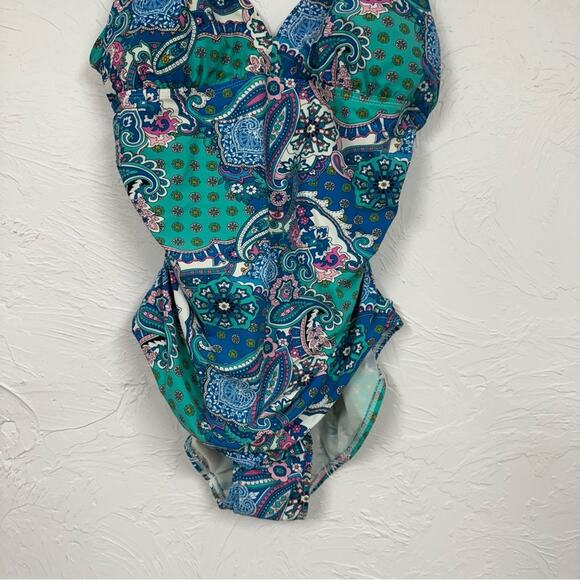 Spanx Assets Blue & Green Floral Paisley One Piece Swimsuit Womens XL Modest - Picture 4 of 13